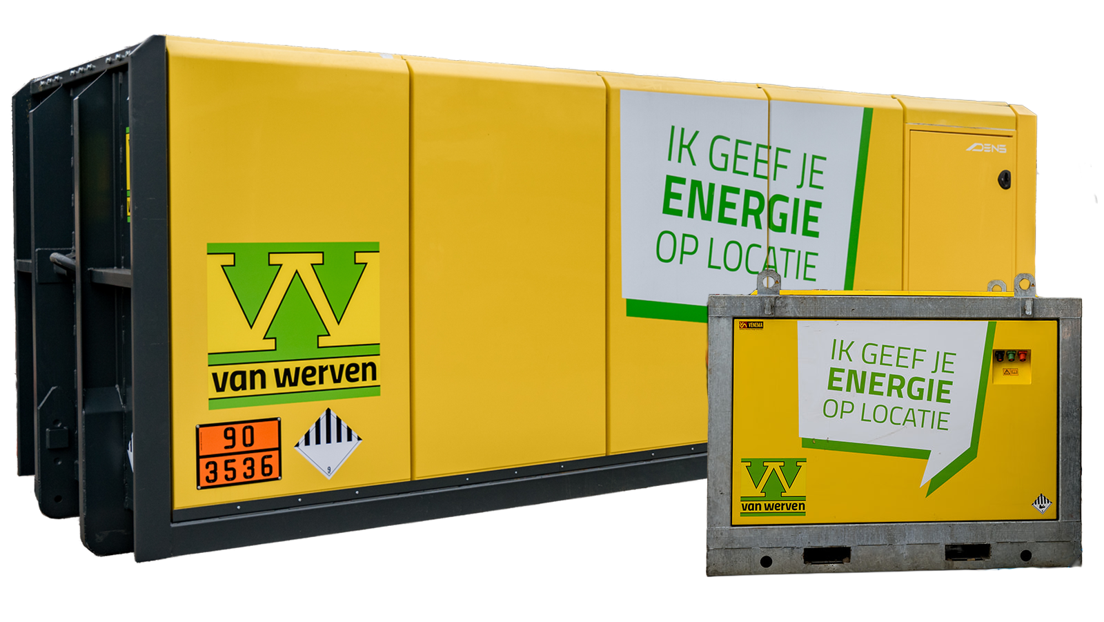 De Powerhub 1160 kWh naast de kleinere 150 kWh — twee gele Van Werven-containers met de tekst “Ik geef je energie op locatie”.