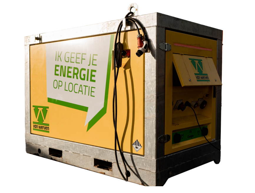 De Powerhub 150 kWh: een gele unit op een pallet, met krachtstroomaansluitingen en een bedieningspaneel aan de zijkant.